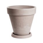 Grote Italiaanse ronde plantenbak. Taupekleurige pot. Afmeting 50x48,5