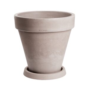 Grote Italiaanse ronde plantenbak. Taupekleurige pot. Afmeting 50x48,5